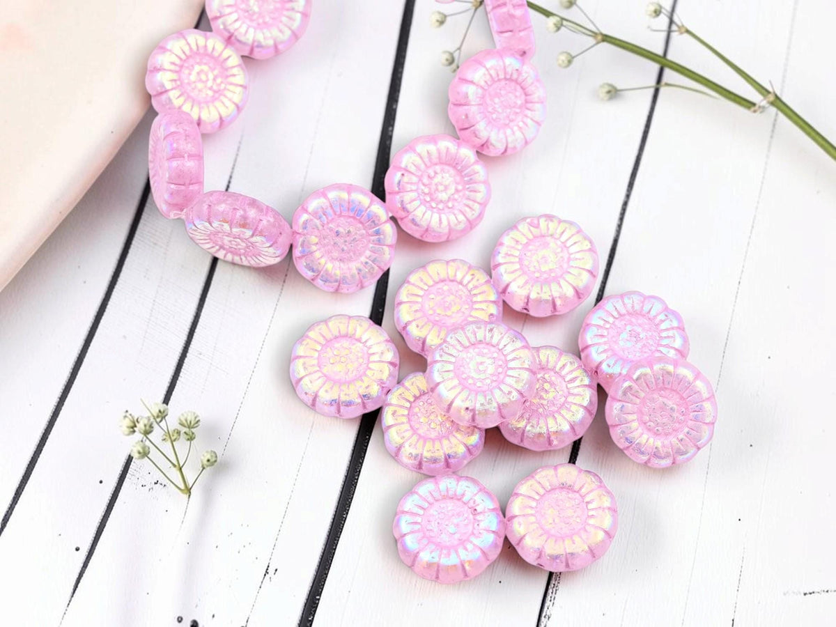 Czech Glass Sunflower Coin Beads - Pink Washed Pink Crystal AB - 13mm - 10pcs - (6114)