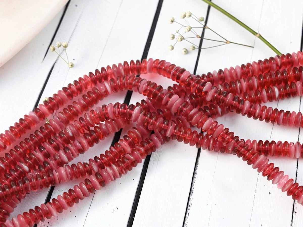Czech Glass Smooth Disc Rondelle Beads - Cranberry Cream - 6x2mm - 8 inch Strand - (1647)