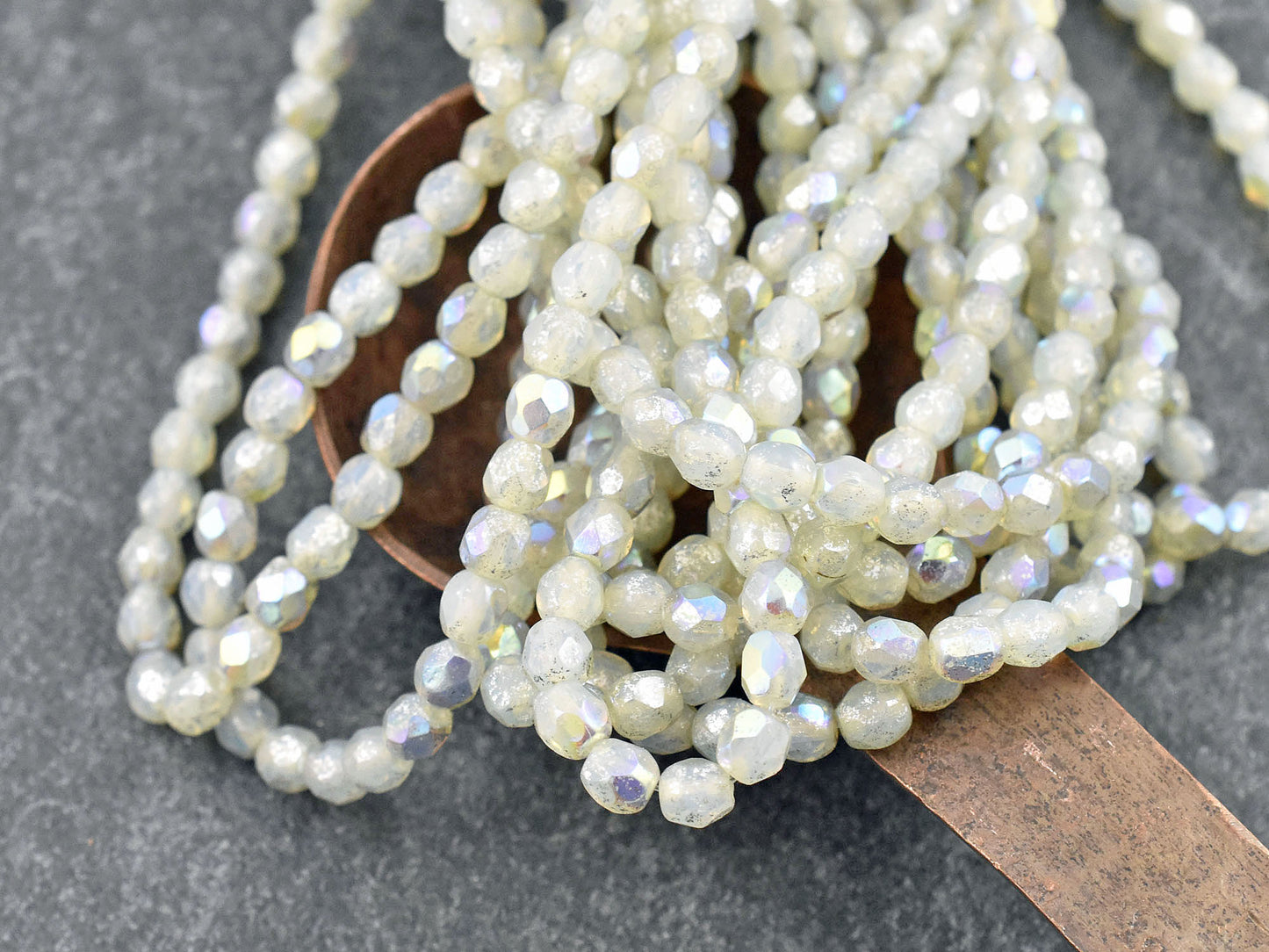 *50* 4mm Silver Mercury Washed Ivory Opal AB Fire Polished Round Beads