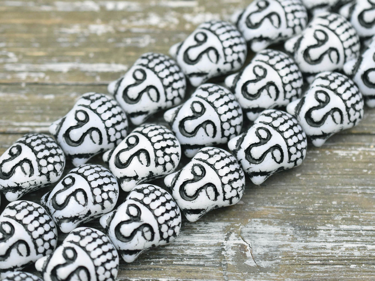 *4* 15x14mm Black Washed White Buddha Head Beads