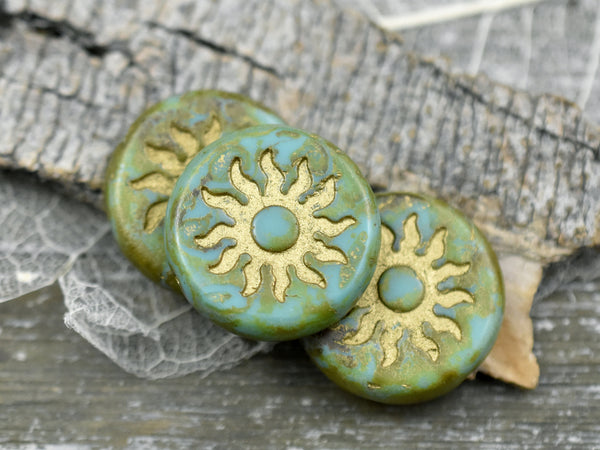 21mm Gold Washed Green Turquoise Picasso Sun Design Coin Beads - 2 Beads