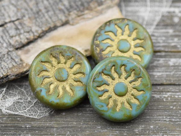 21mm Gold Washed Green Turquoise Picasso Sun Design Coin Beads - 2 Beads
