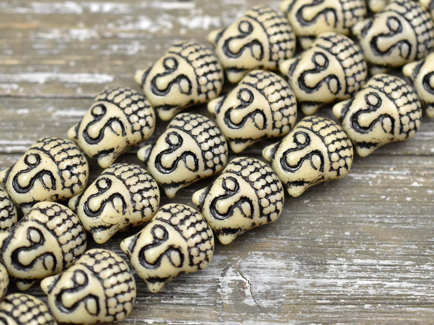 *4* 15x14mm Black Washed Opaque Beige Buddha Head Beads