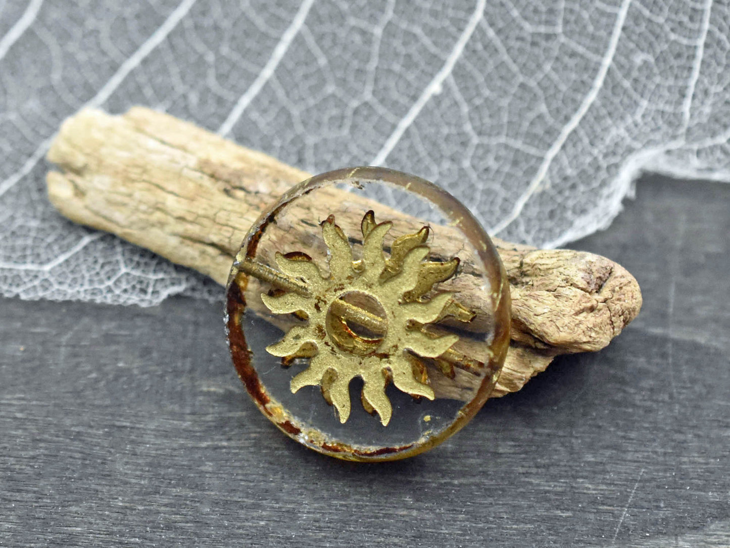 21mm Gold Washed Crystal Picasso Table Cut Sun Design Coin Beads - 2 Beads