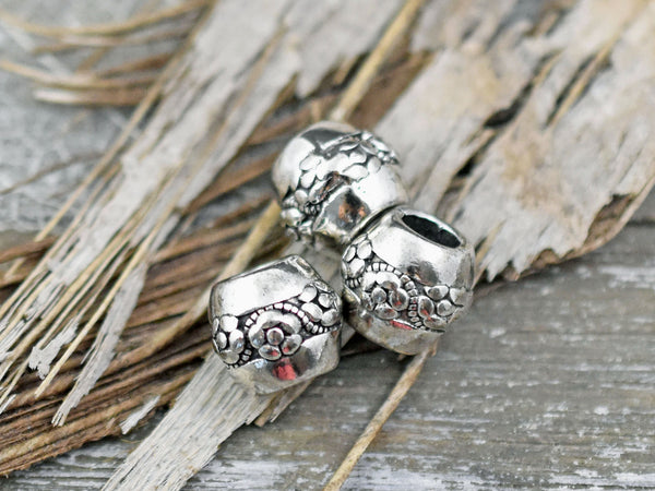 *10* 10x8mm Antique Silver Large Hole Floral Barrel Beads