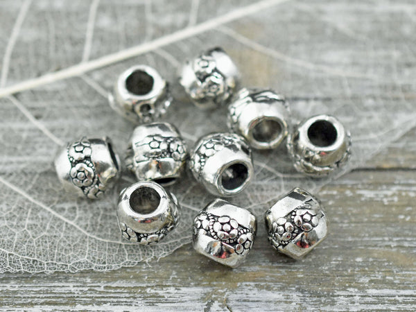 *10* 10x8mm Antique Silver Large Hole Floral Barrel Beads