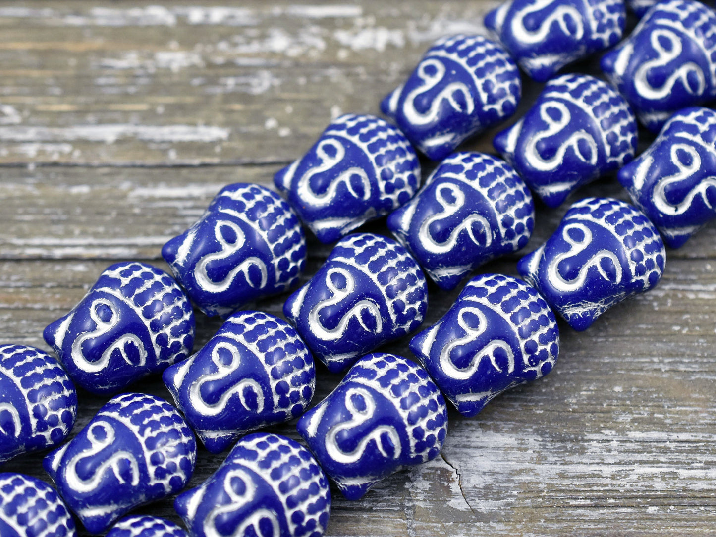 *4* 15x14mm Silver Washed Navy Blue Buddha Head Beads