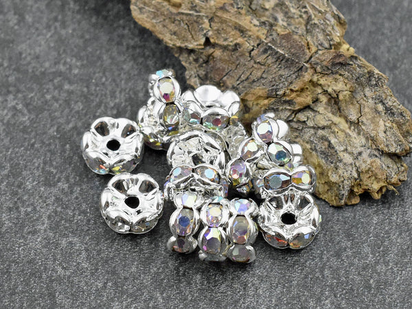 Silver w/ Crystal AB Rhinestone Wavy Edge Rondelle Spacer Beads