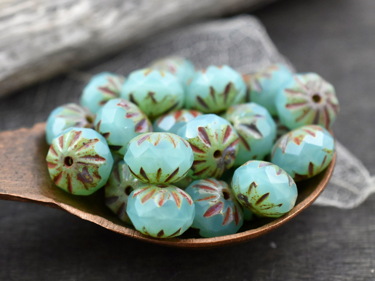 *25* 6x9mm Aqua Opal Picasso Fire Polish Cruller Rondelle Beads