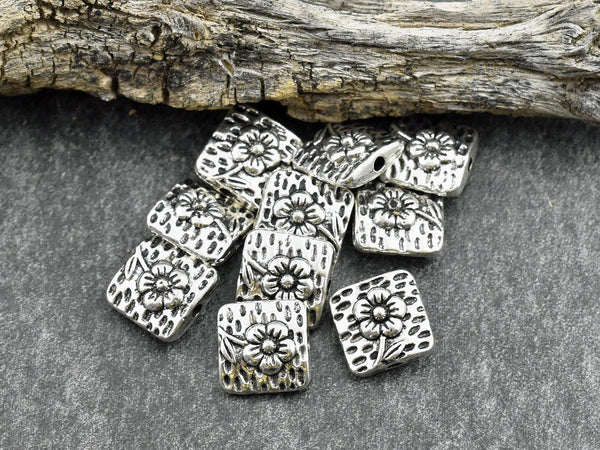 *50* 10mm Antique Silver Flower Design Beveled Square Beads