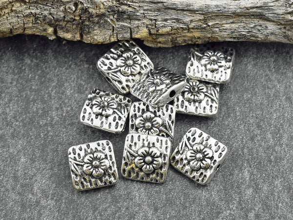 *50* 10mm Antique Silver Flower Design Beveled Square Beads