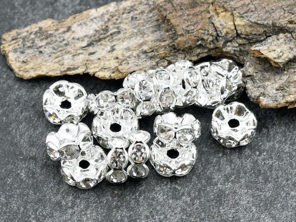 Silver w/ Crystal Rhinestone Wavy Edge Rondelle Spacer Beads