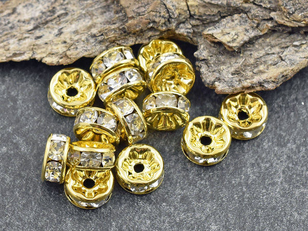 Gold w/ Crystal Rhinestone Rondelle Spacer Beads