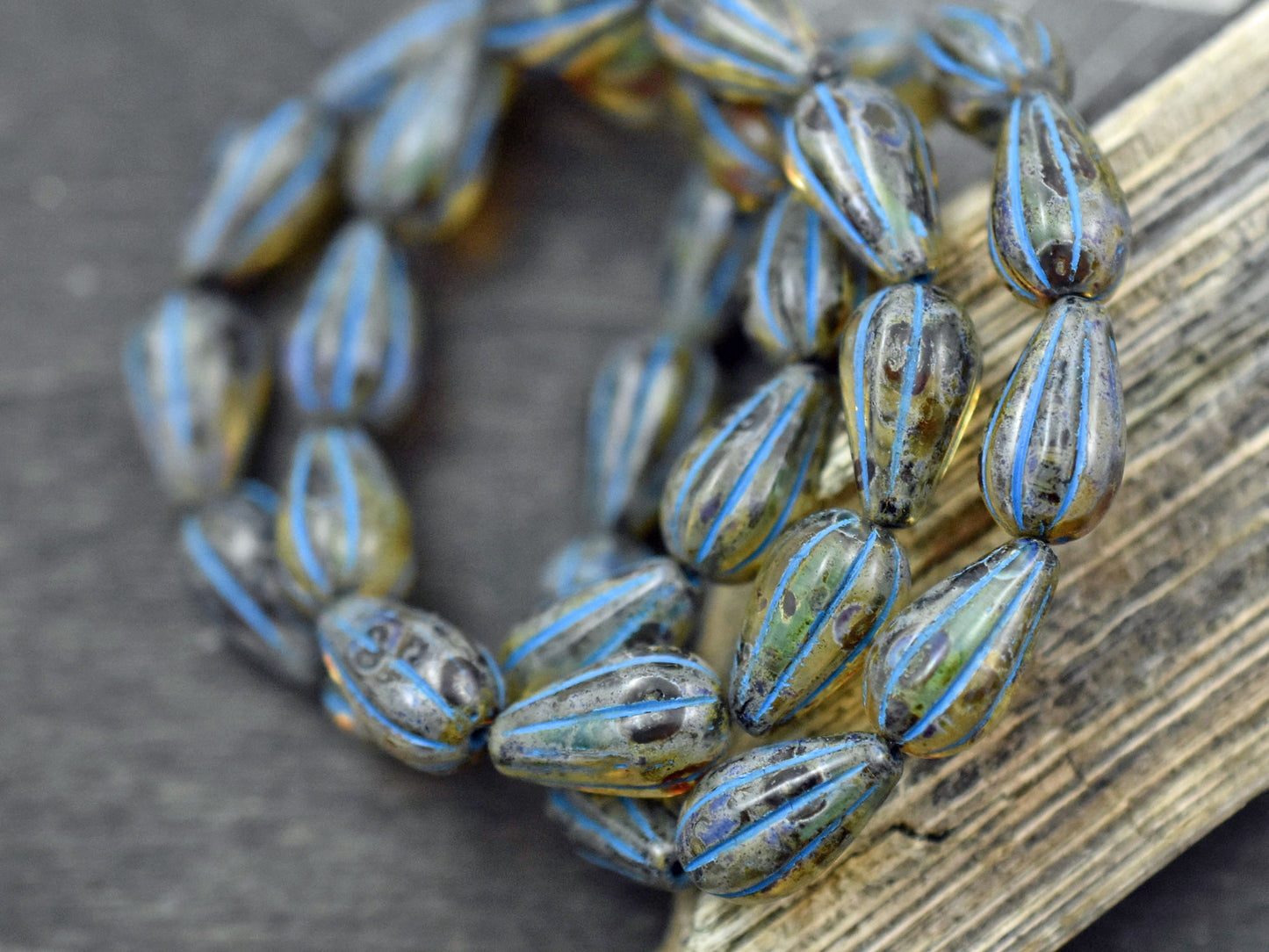 *10* 13x8mm Turquoise Washed Amber Picasso Melon Drop Beads