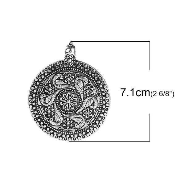 Antique Silver Boho Medallion Pendant 71x59mm