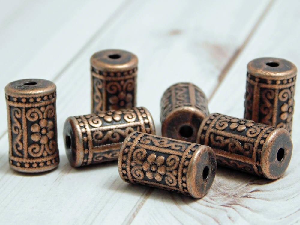 *4* 17x10mm Antique Copper Floral Drum Beads