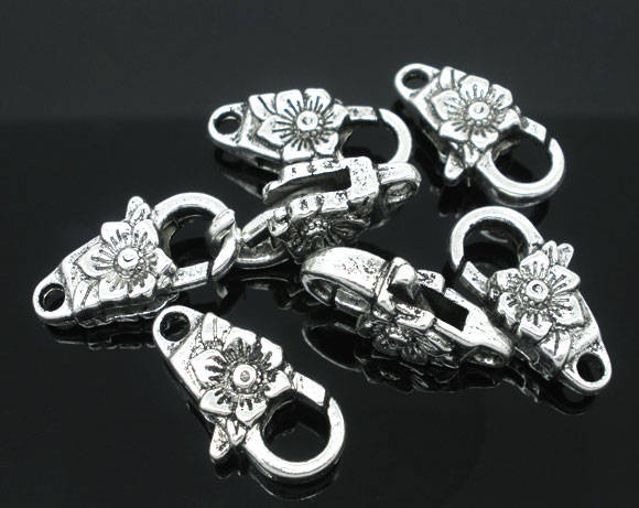 Large Lobster Clasp - Silver Lobster Clasp - Lobster Claw Clasp - Antique Silver Clasp - Flower Lobster Clasp - 4pcs - 24x13mm - (B764)