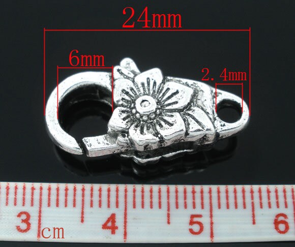 Large Lobster Clasp - Silver Lobster Clasp - Lobster Claw Clasp - Antique Silver Clasp - Flower Lobster Clasp - 4pcs - 24x13mm - (B764)