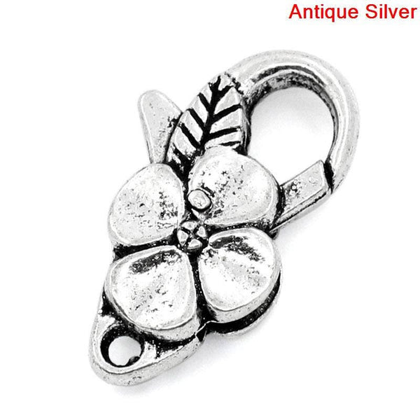 Large Lobster Clasp - Silver Lobster Clasp - Lobster Claw Clasp - Antique Silver Clasp - Flower Lobster Clasp - 24x13mm - 5pcs - (B765)