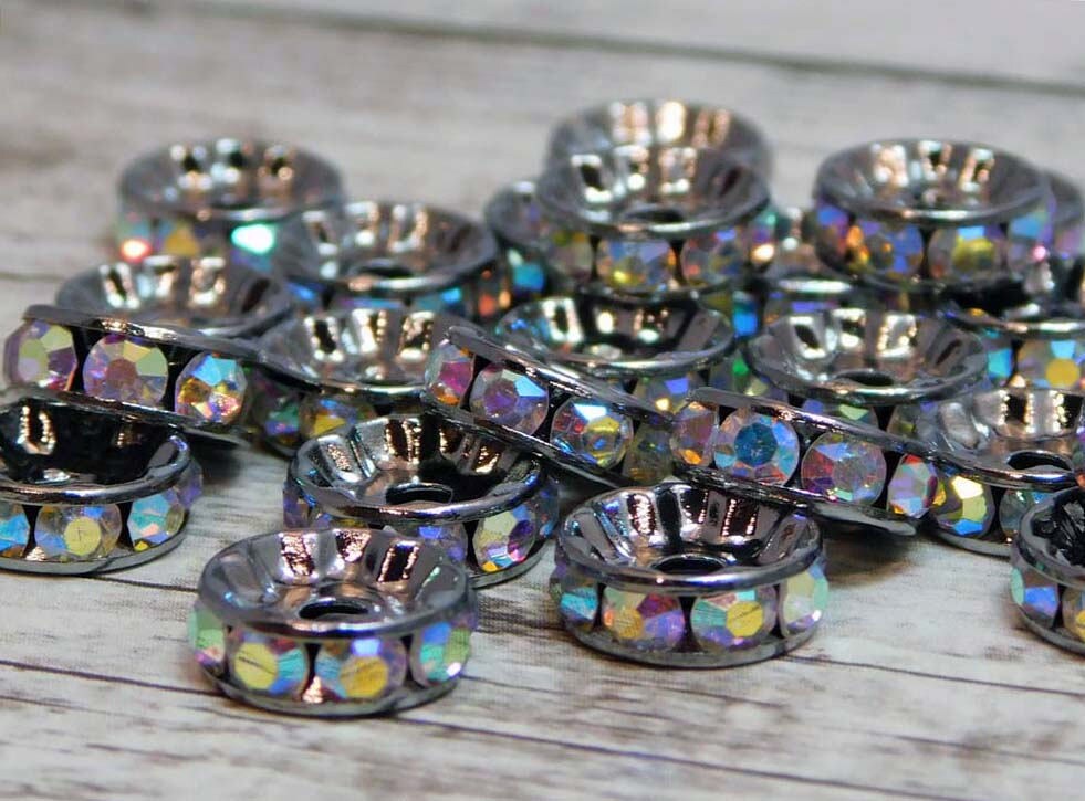 Gunmetal Crystal AB Straight Edge Rhinestone Rondelle Beads
