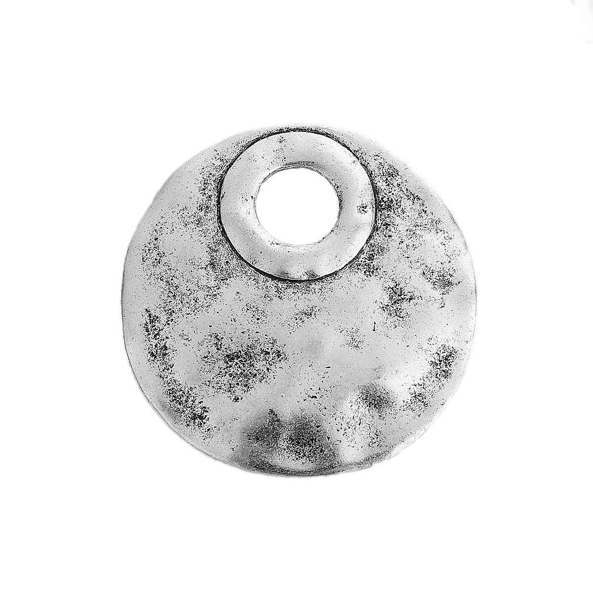 48mm Antique Silver Hammered Medallion Pendant - 3pcs