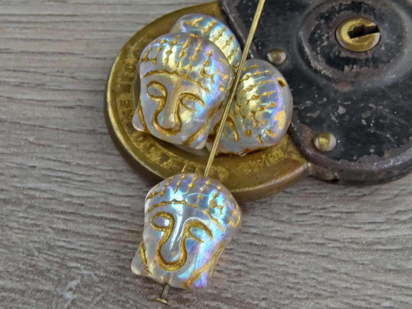 Namaste Beads - Czech Buddha Bead - Czech Glass Beads - Buddha Beads - Buddha Head Bead - Picasso Beads - 15x14mm - 4pcs (3388)