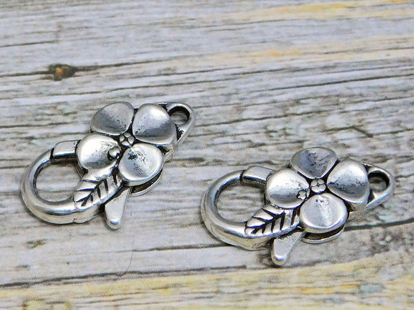 Large Lobster Clasp - Silver Lobster Clasp - Lobster Claw Clasp - Antique Silver Clasp - Flower Lobster Clasp - 24x13mm - 5pcs - (B765)