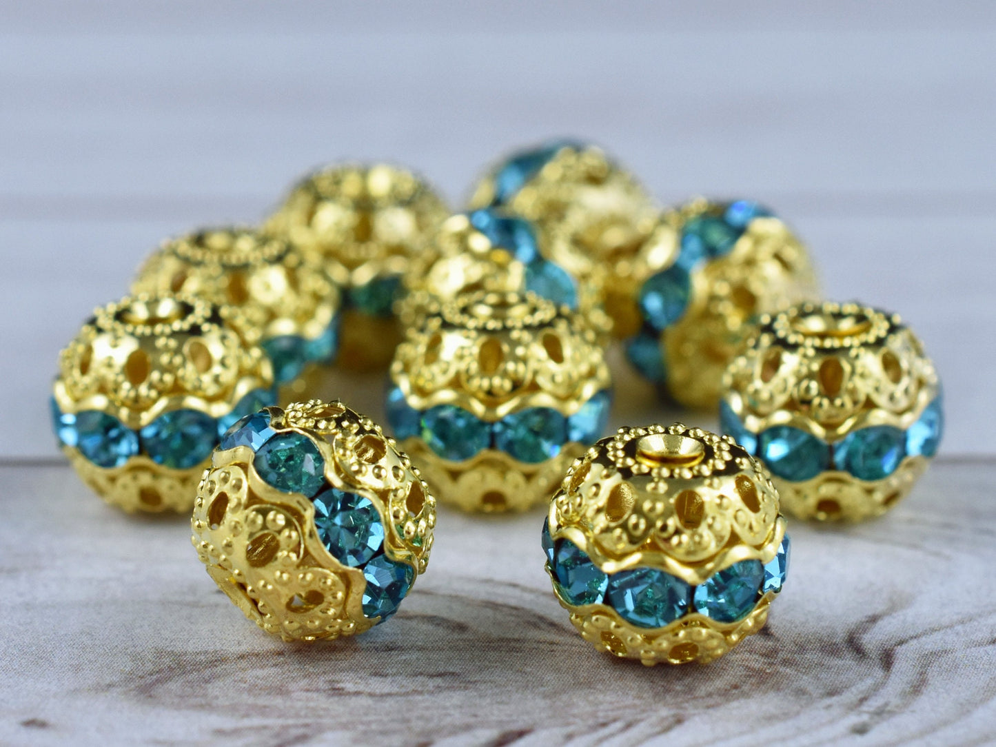 Gold w/Aquamarine Rhinestone Filigree Round Beads -- Choose Your Size