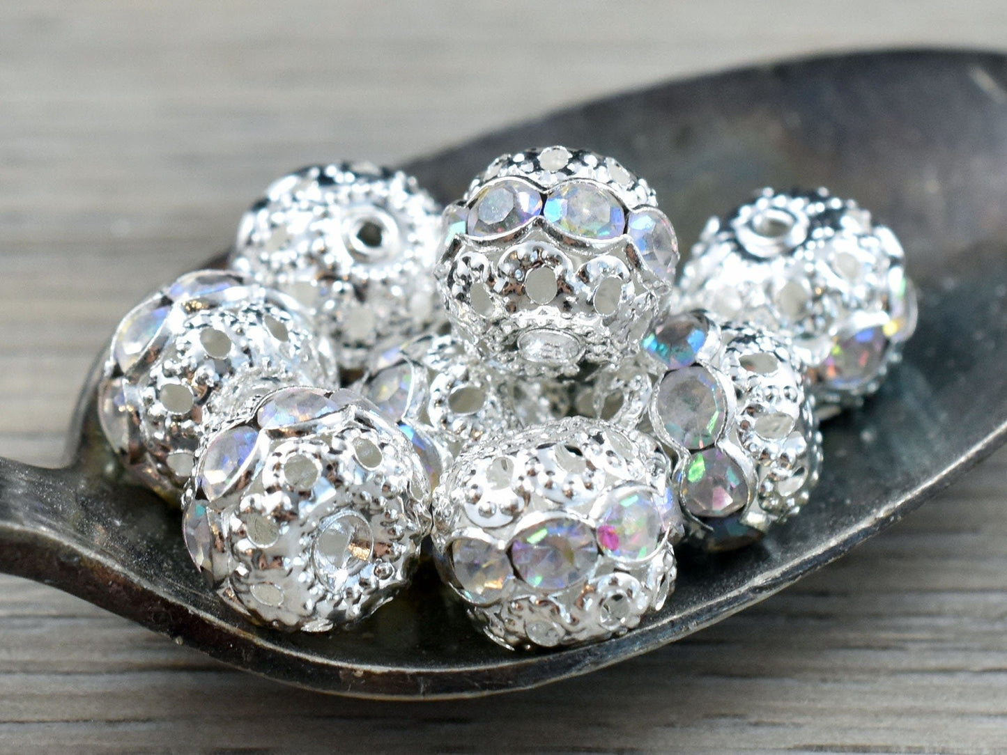 Bright Silver w/Crystal AB Rhinestone Filigree Round Beads -- Choose Your Size