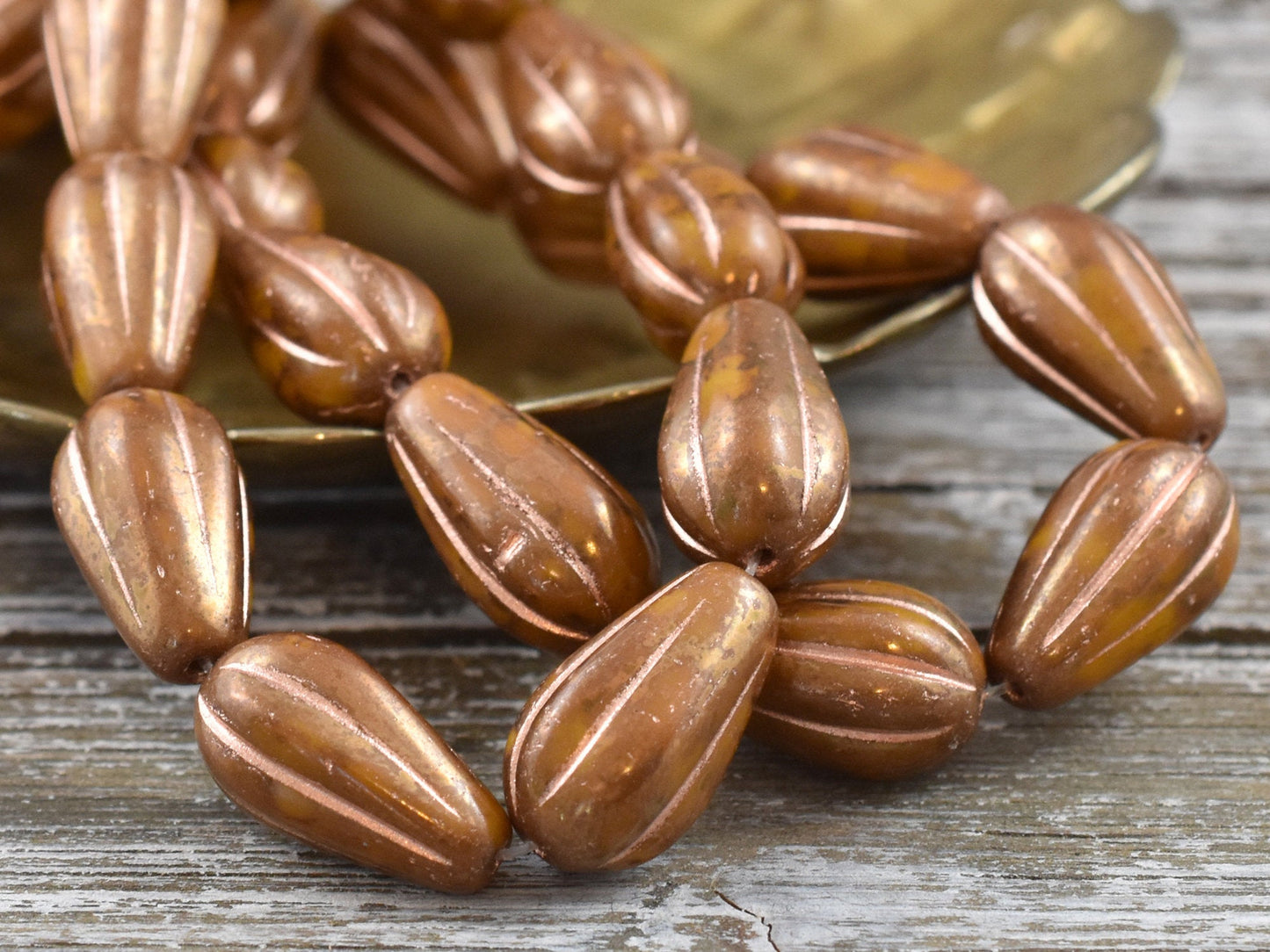 Czech Glass Beads - Picasso Beads - Melon Beads - Tear Drop Beads - Drop Beads - 15x8mm - 6pcs - (A554)