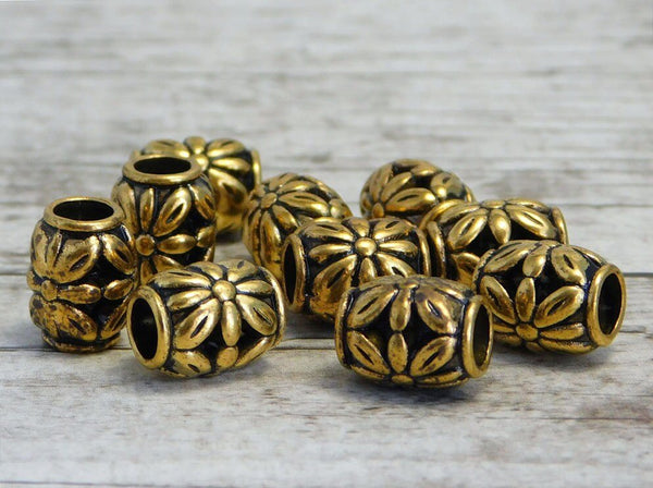 *10* 10x8mm Antique Gold Large Hole Barrel Beads