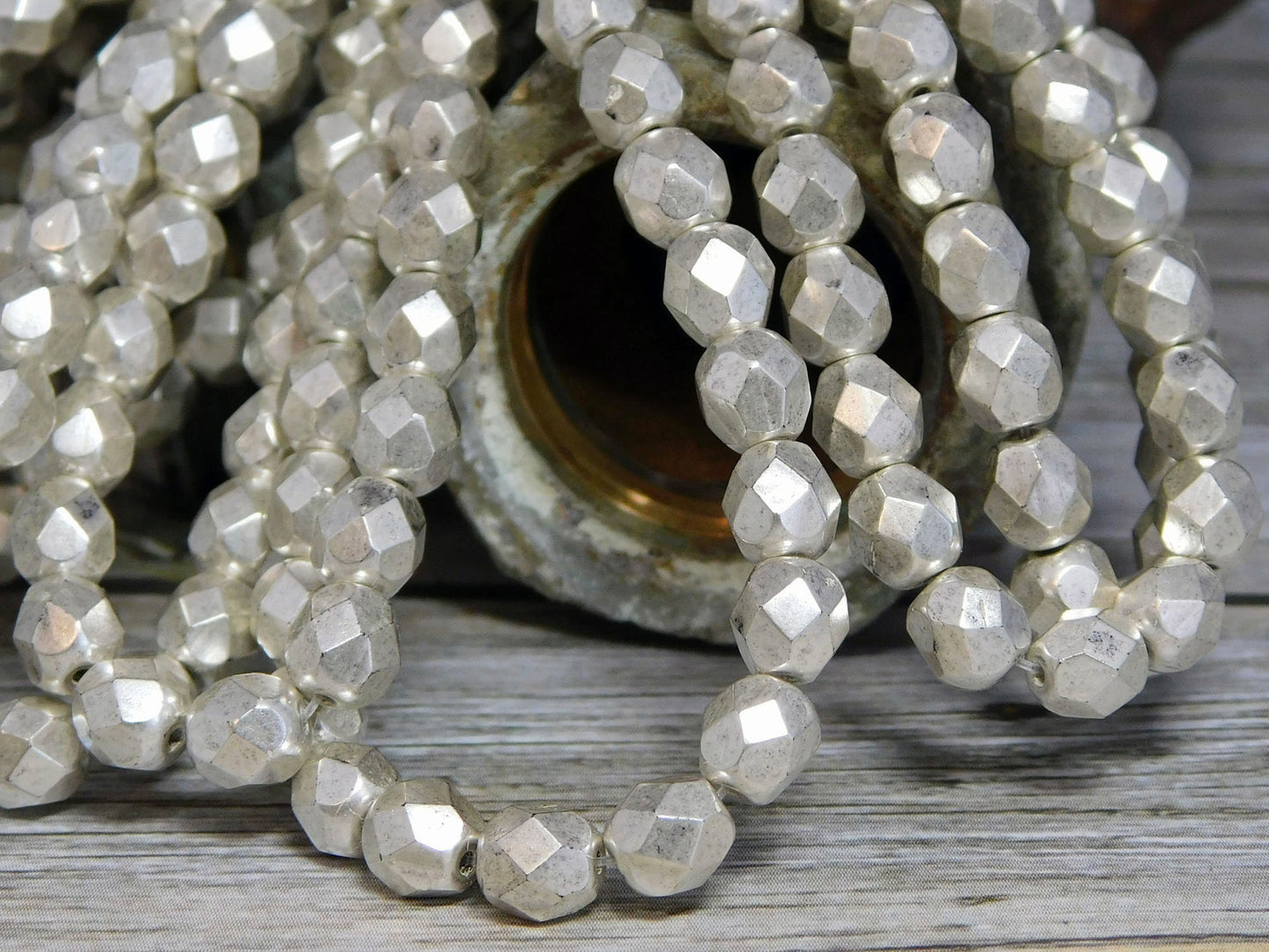 Czech Glass Beads - 6mm Beads - Fire Polished Beads - Antique Silver Beads - Round Beads - Czech Beads - 25pcs (1358)