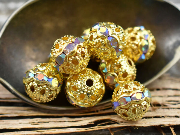 Gold w/Crystal AB Rhinestone Filigree Round Beads -- Choose Your Size