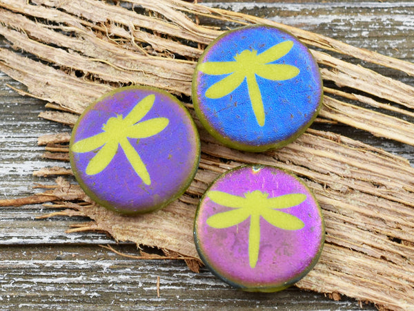 Czech Glass Beads - Laser Etched Beads - Dragonfly Beads - Tattoo Beads - 17mm - 4pcs - (B463)