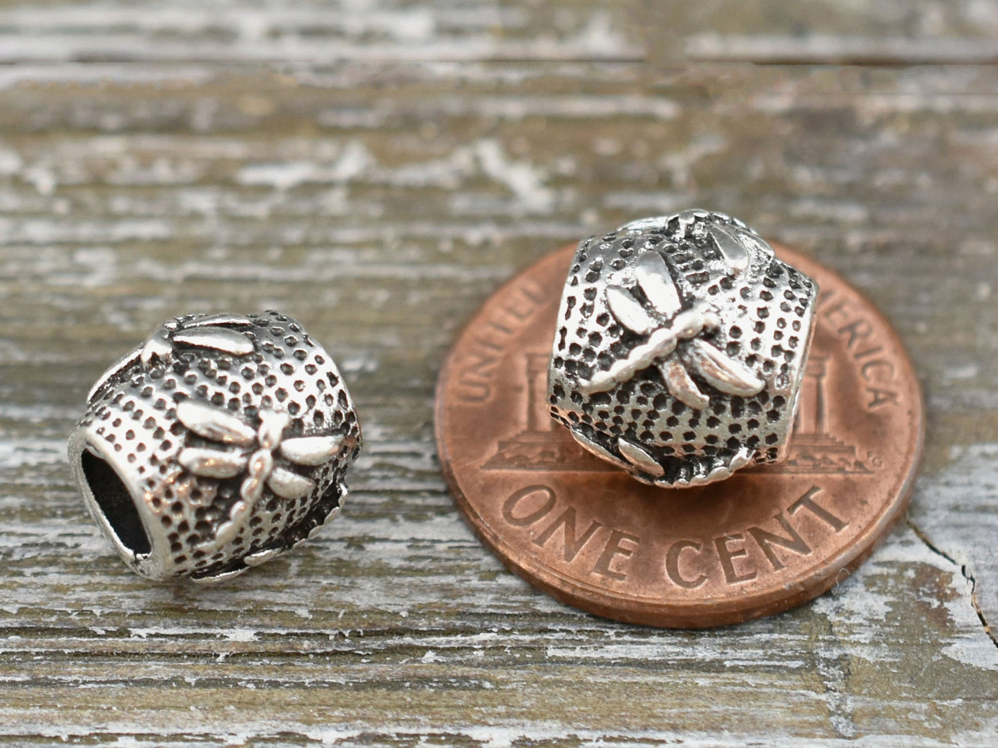 *20* 11x10mm Antique Silver Large Hole Dragonfly Barrel Beads
