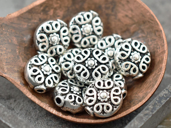 *10* 10mm Antique Silver Ornate Coin Spacer Beads