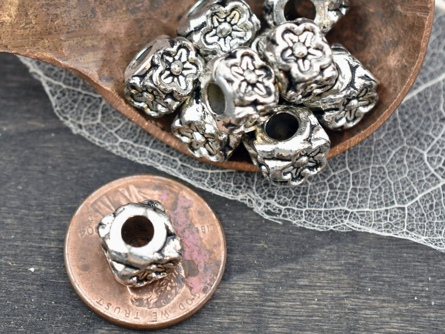 *10* 8x7mm Antique Silver Large Hole Floral Cube Beads