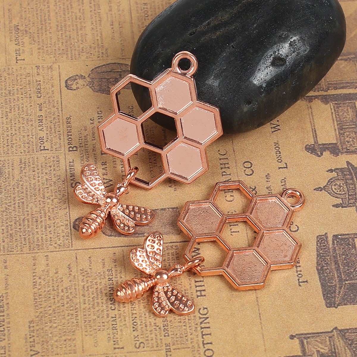 *5* 46x24mm Rose Gold Bee Honeycomb Charms