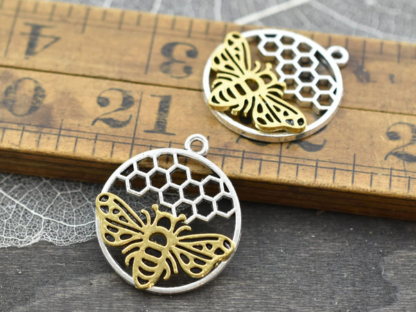*5* 29x25mm Silver & Gold Bee Honeycomb Charms