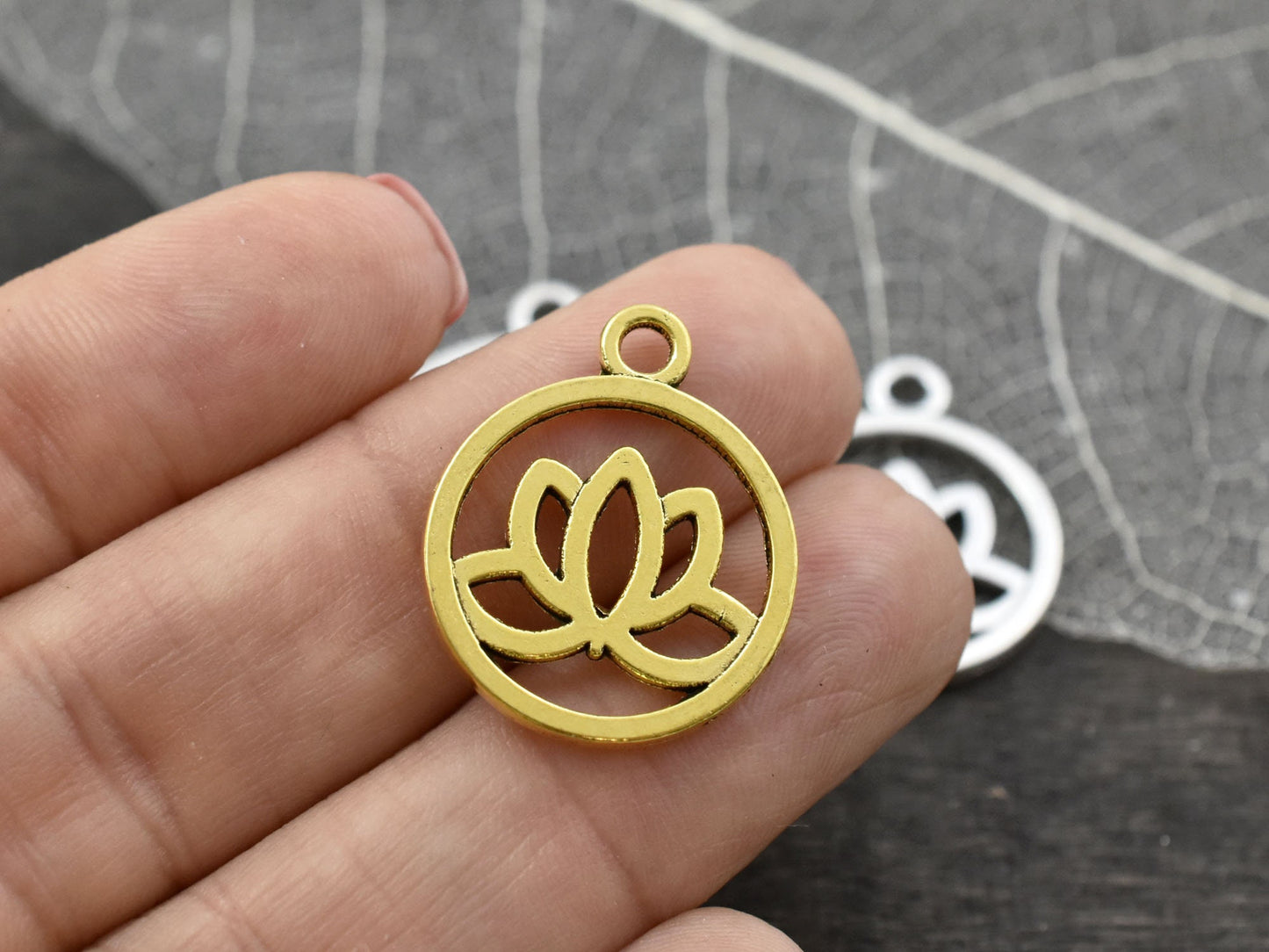 *10* 24x20mm Lotus Flower Round Charms -- Choose from Silver or Gold