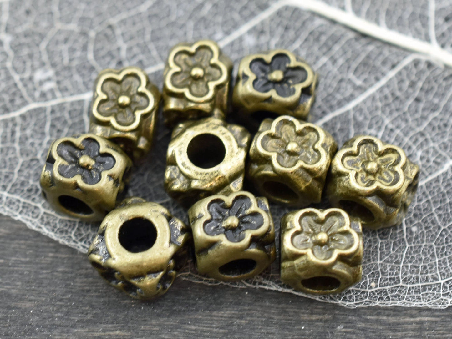 *10* 8x7mm Antique Bronze Large Hole Floral Cube Beads