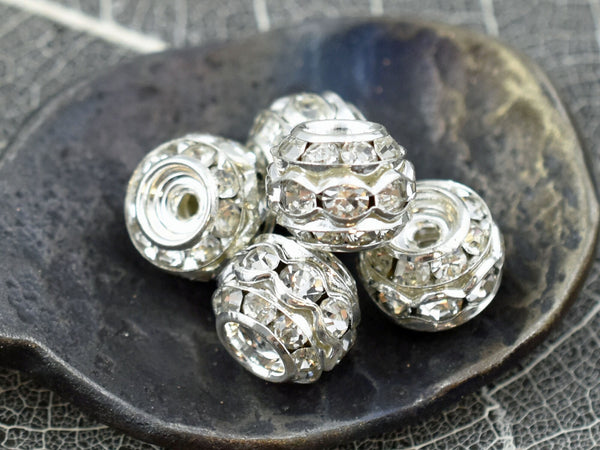 *5* 10mm Silver Stacked Barrel Rhinestone Beads