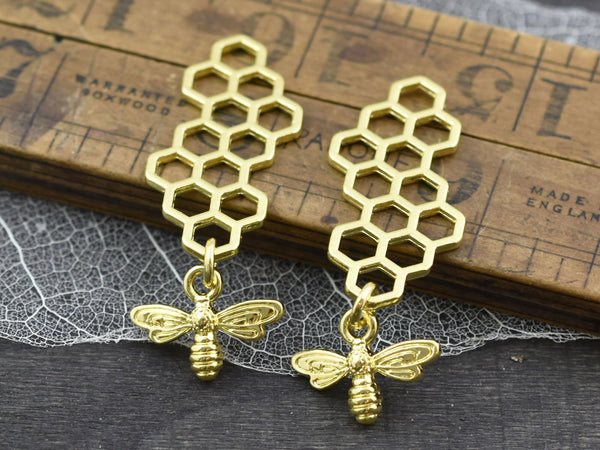 46x16mm Gold Plated Bee Honeycomb Charms - 10pcs