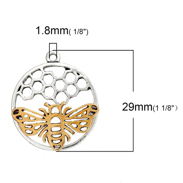 *5* 29x25mm Silver & Gold Bee Honeycomb Charms