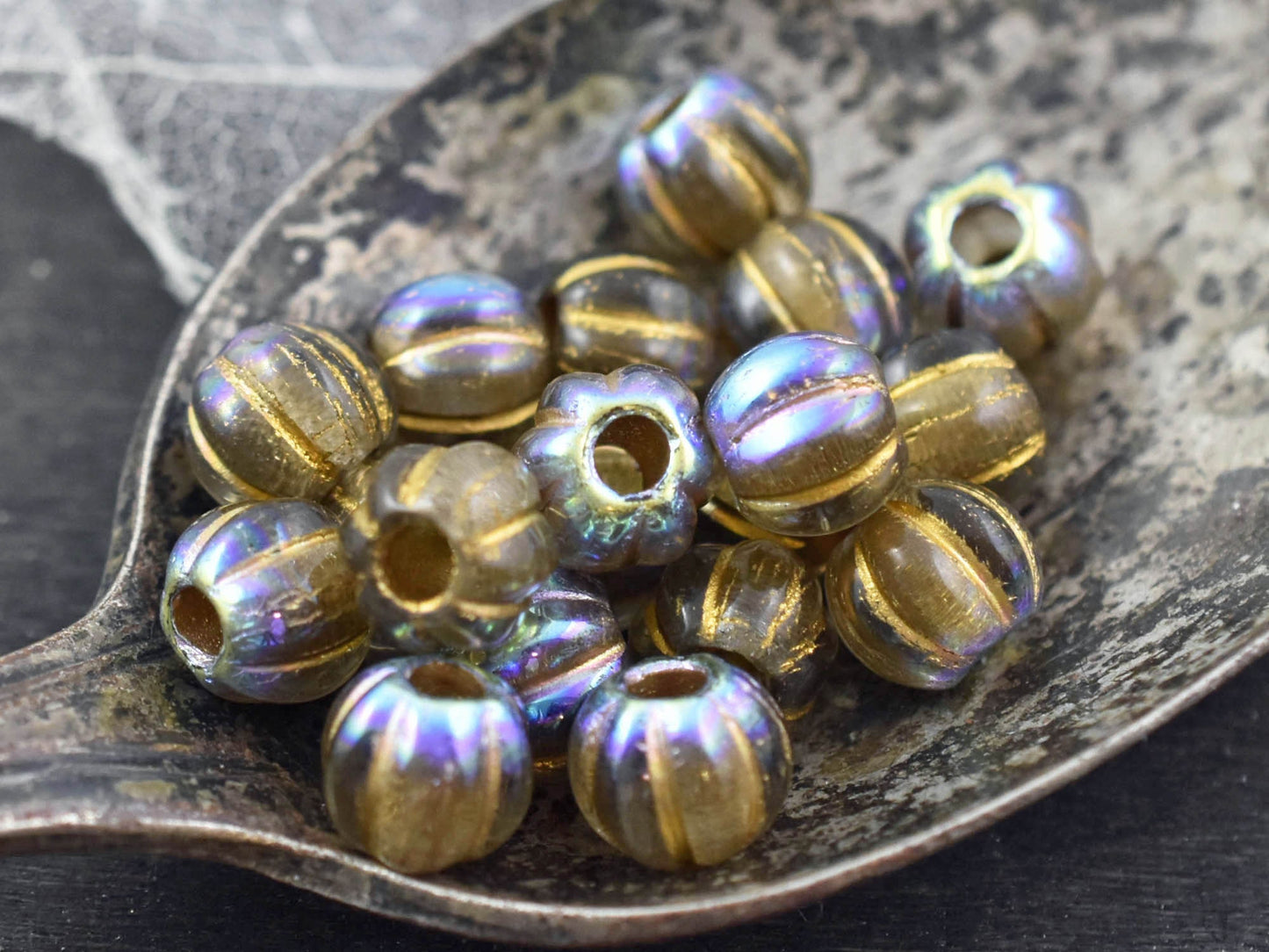 Czech Glass Beads - Large Hole Beads - 3mm Hole Bead - Picasso Beads - 8mm Beads - Melon Beads - Round Beads - (3448)