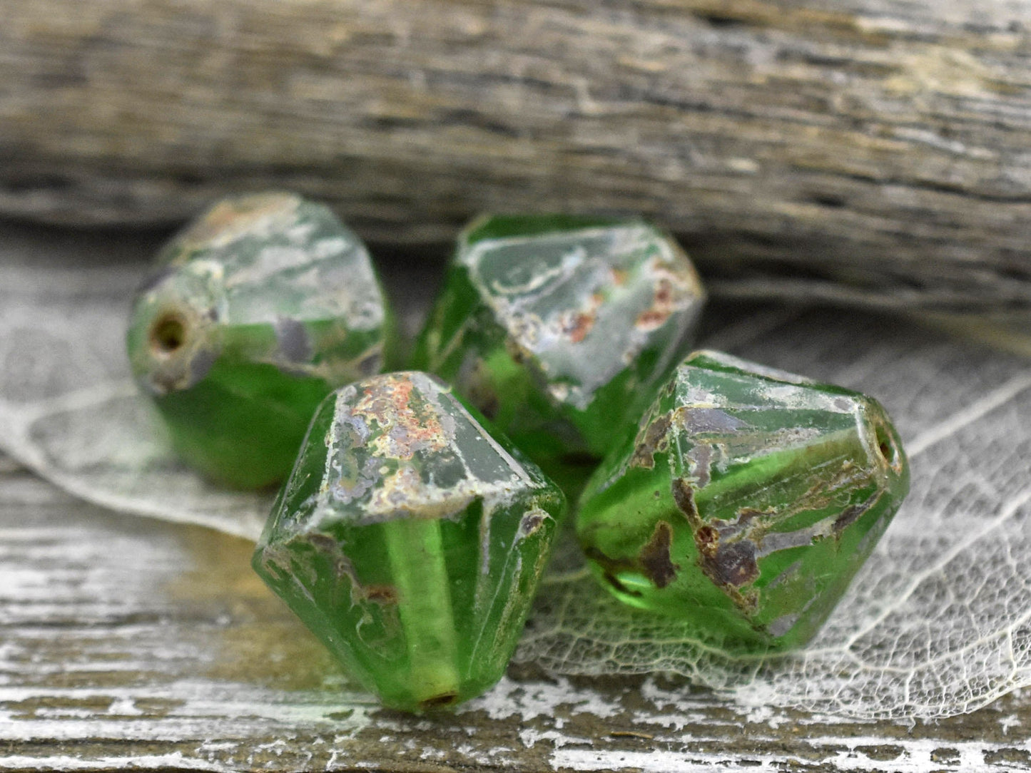 Picasso Beads - Czech Glass Beads - Bicone Beads - Chunky Beads - Large Beads - Emerald Green - Czech Beads - 2pcs - 15mm - (5651)