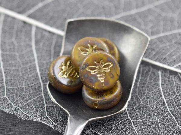 Bee Beads - Czech Glass Beads - Picasso Beads - Bumble Bee - Czech Glass Bee Coin - 12mm - 6pcs - (3216)