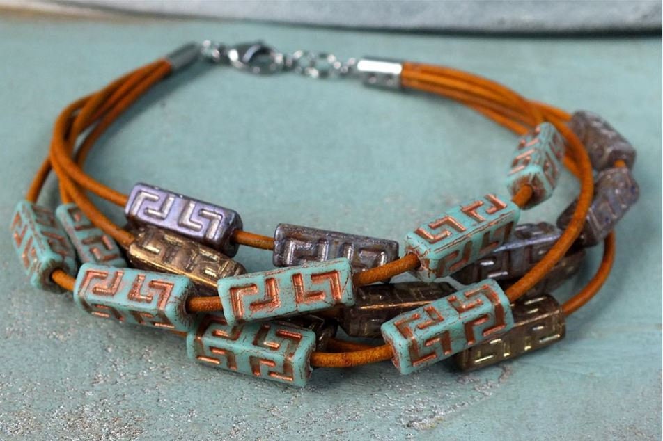 Large Hole Beads - Celtic Beads - Czech Glass Beads - Tube Beads - Picasso Beads - Stick Beads - 15x5mm - 10pcs (4143)