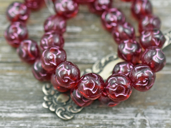 Czech Glass Flowers - Flower Beads - Czech Beads - Round Beads - Rose Beads - Ruby Red Beads - 10mm - 15pcs - (1065)
