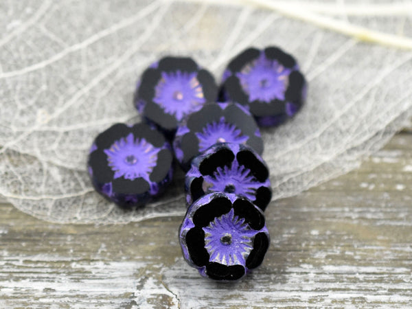 Czech Glass Beads - Hawaiian Flowers - Picasso Beads - Purple Flower Beads - Czech Glass Flowers - 12mm - 6 or 12pcs